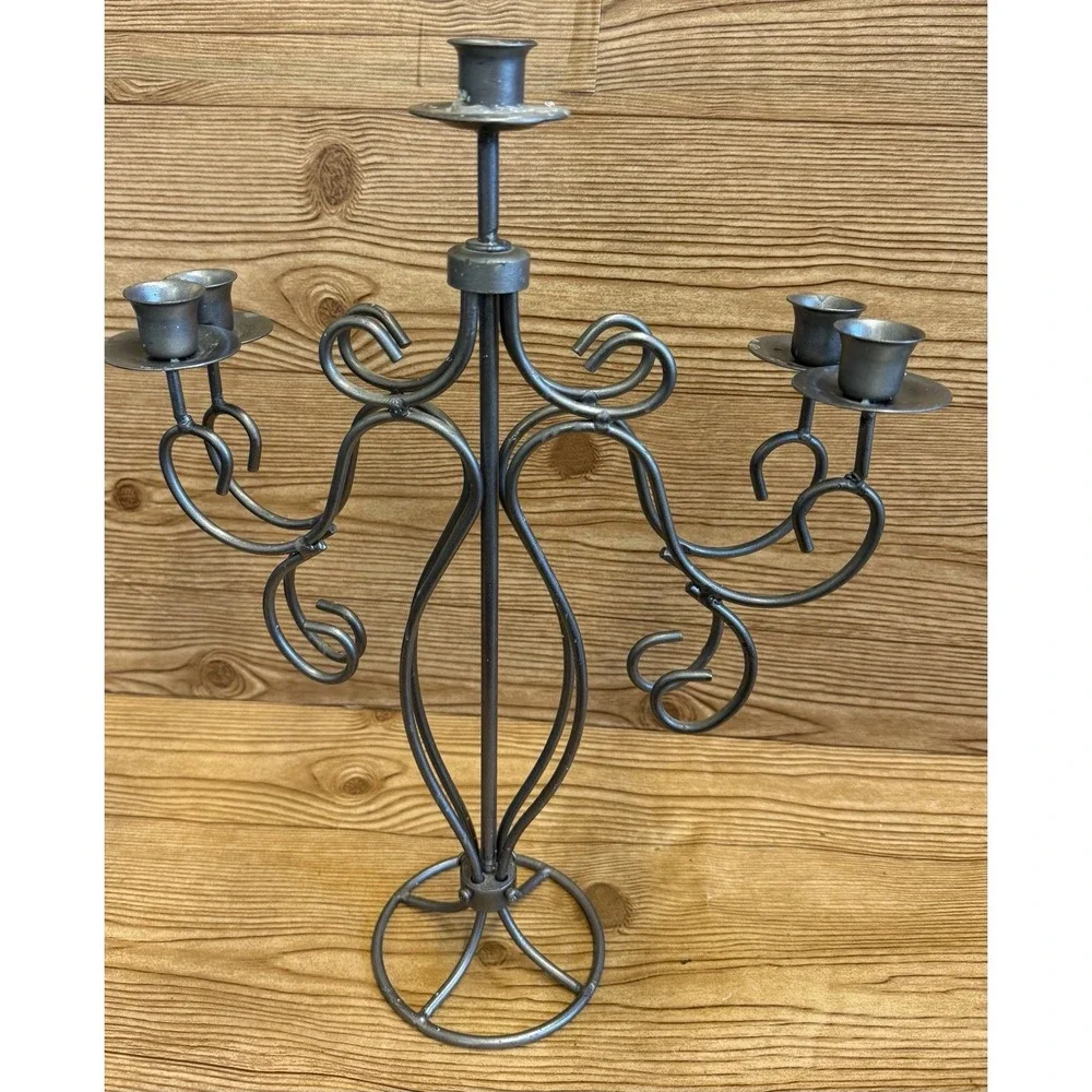 Vtg Grey Metal Candelabra 5 Arm Goth Gothic Scrolls Candlestick Holder